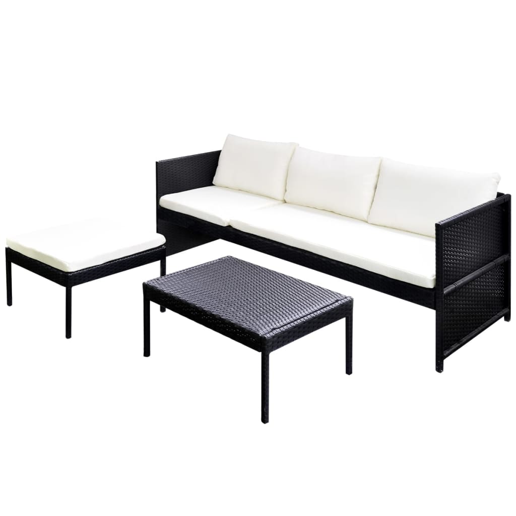 3 részes fekete polyrattan kerti bútorszett párnákkal