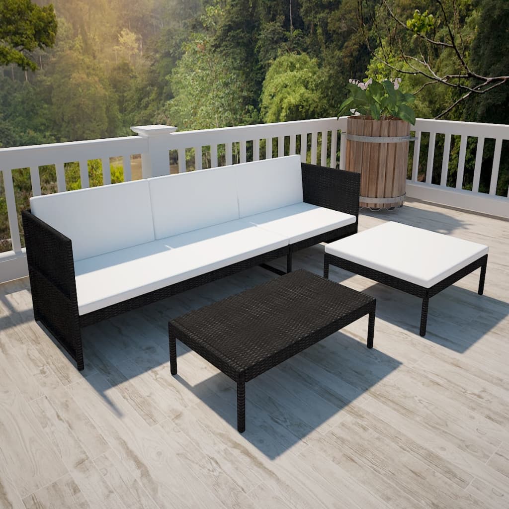 3 részes fekete polyrattan kerti bútorszett párnákkal