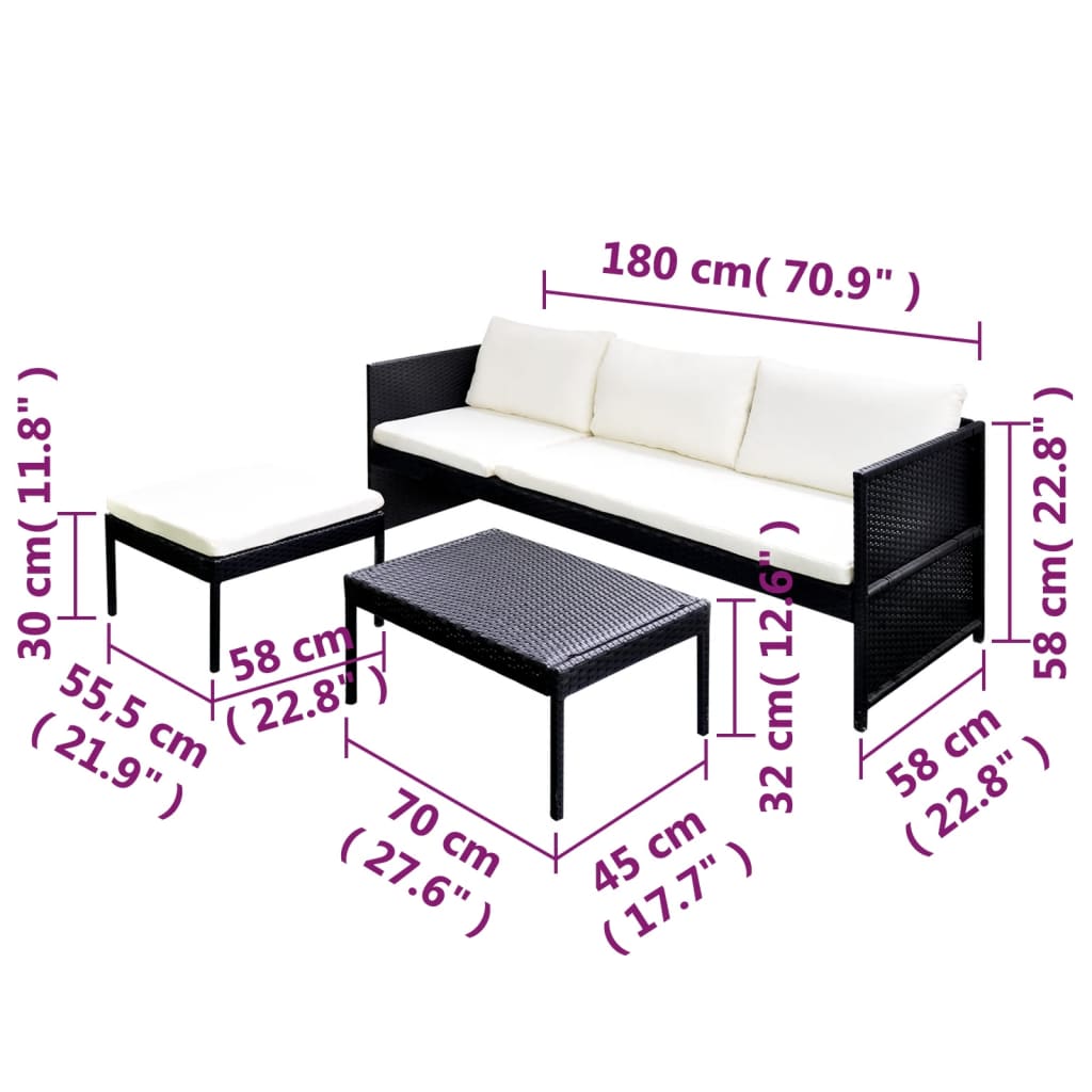 3 részes fekete polyrattan kerti bútorszett párnákkal