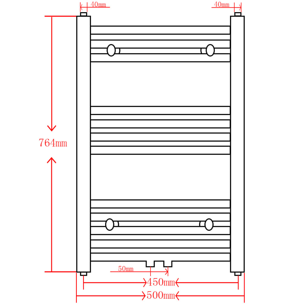 Fekete fürdőszobai íves törölközőtartó központi fűtéssel 500x764 mm