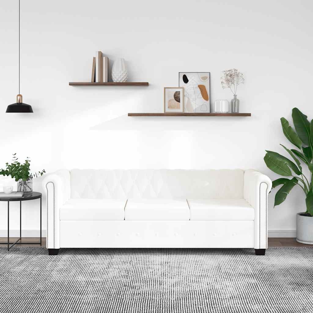 3 személyes fehér műbőr Chesterfield kanapé