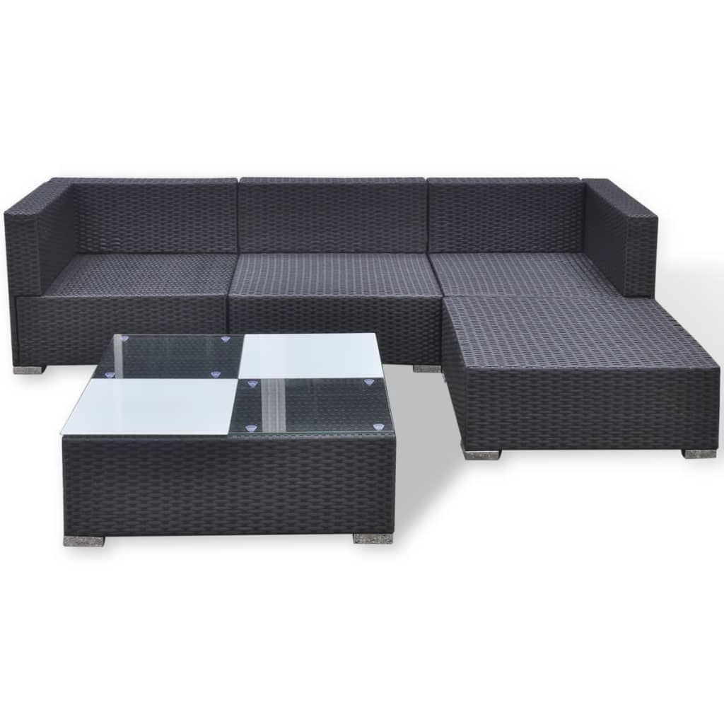 5-részes fekete polyrattan kerti bútorszett párnákkal