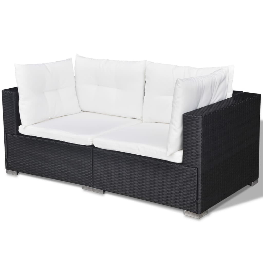 5-részes fekete polyrattan kerti bútorszett párnákkal