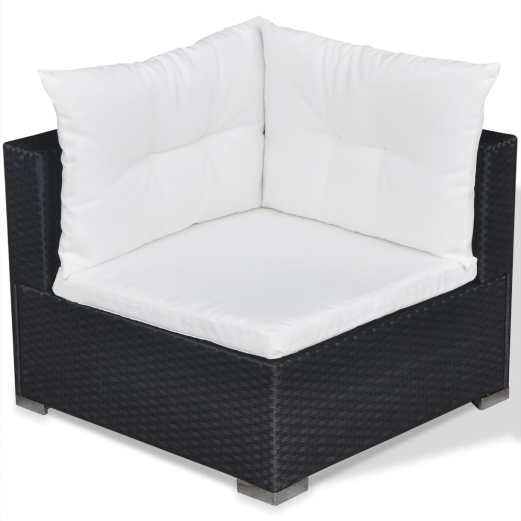 5-részes fekete polyrattan kerti bútorszett párnákkal