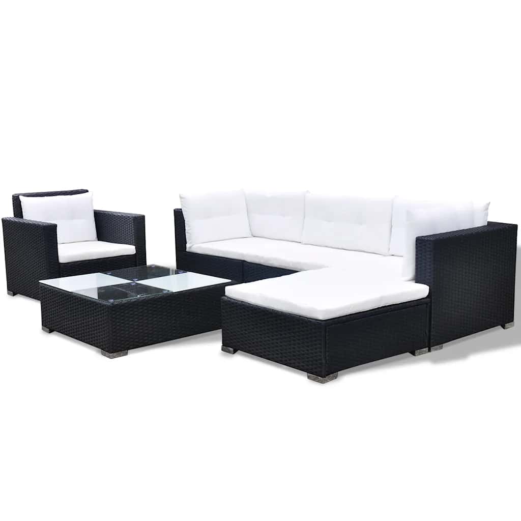 6-részes fekete polyrattan kerti bútorszett párnákkal