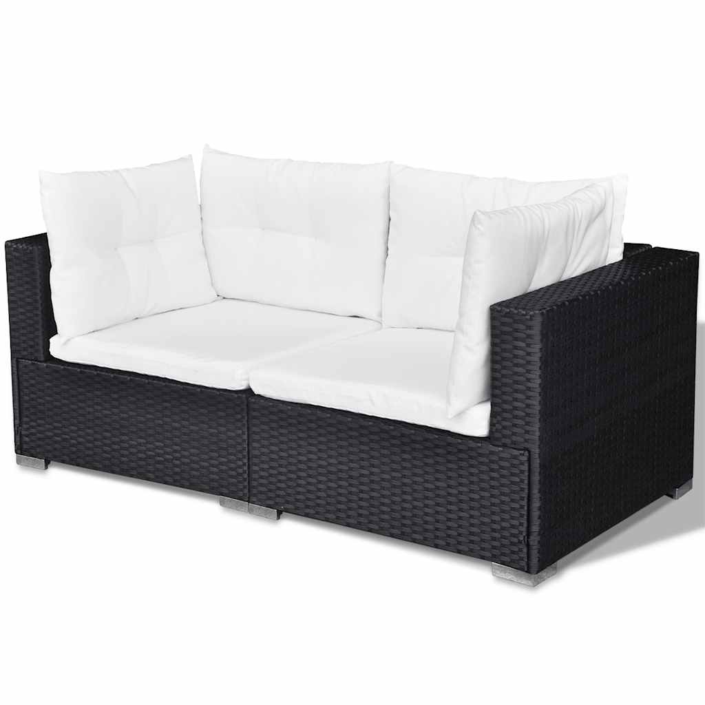 6-részes fekete polyrattan kerti bútorszett párnákkal