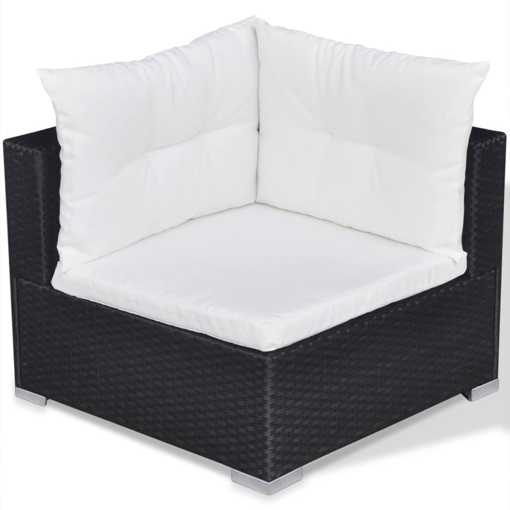 10-részes fekete polyrattan kerti bútorszett párnákkal
