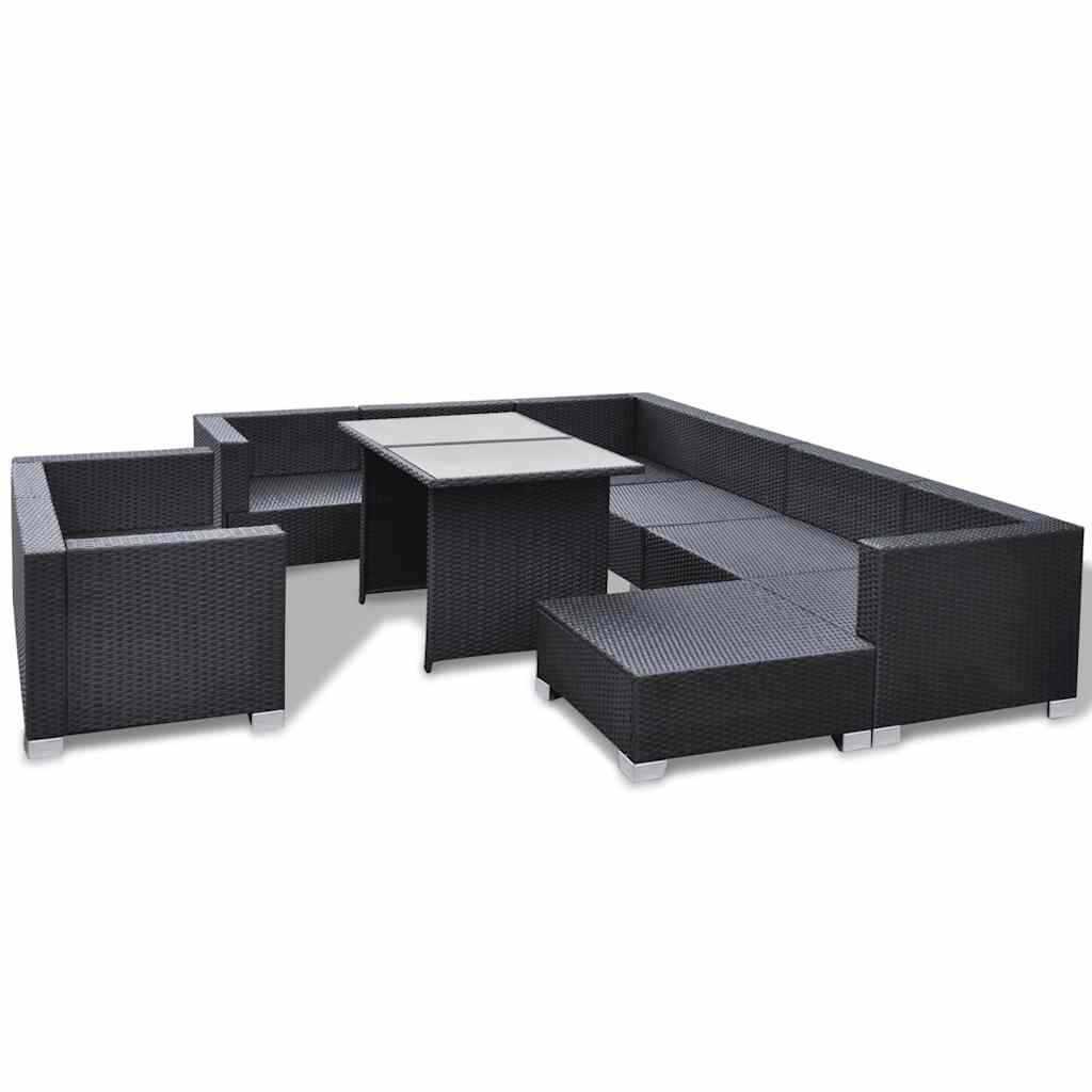 10-részes fekete polyrattan kerti bútorszett párnákkal