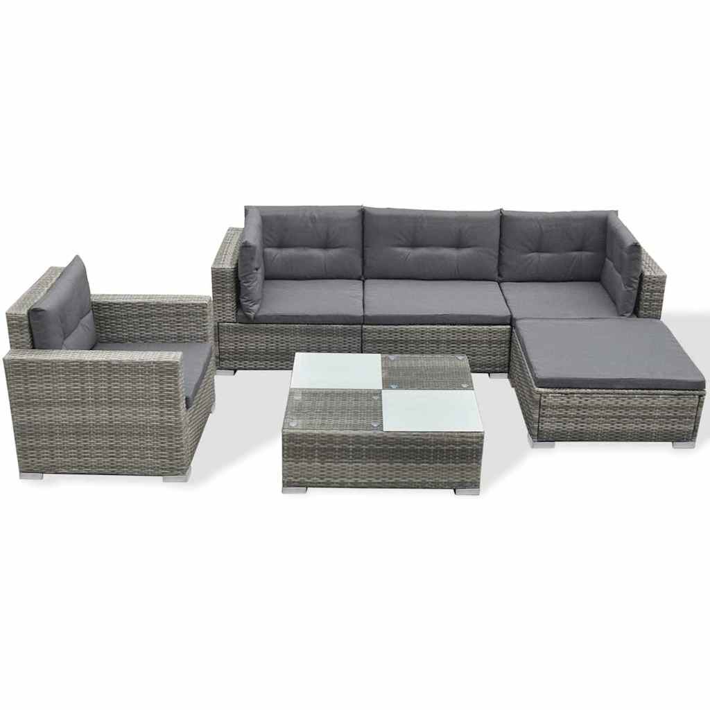 6-részes szürke polyrattan kerti bútorszett párnákkal