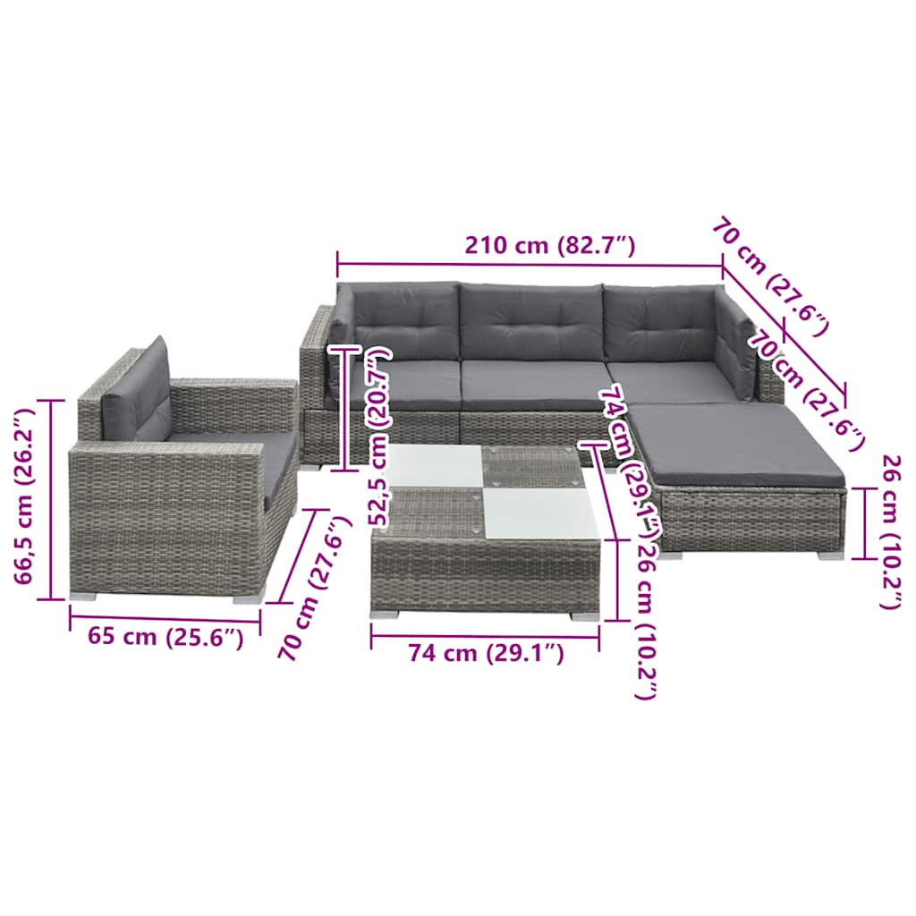 6-részes szürke polyrattan kerti bútorszett párnákkal