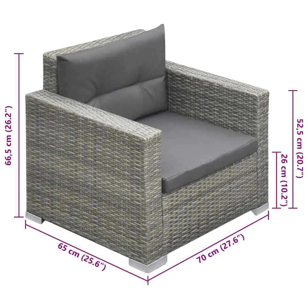 6-részes szürke polyrattan kerti bútorszett párnákkal