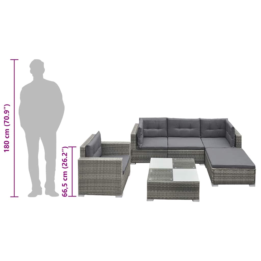 6-részes szürke polyrattan kerti bútorszett párnákkal