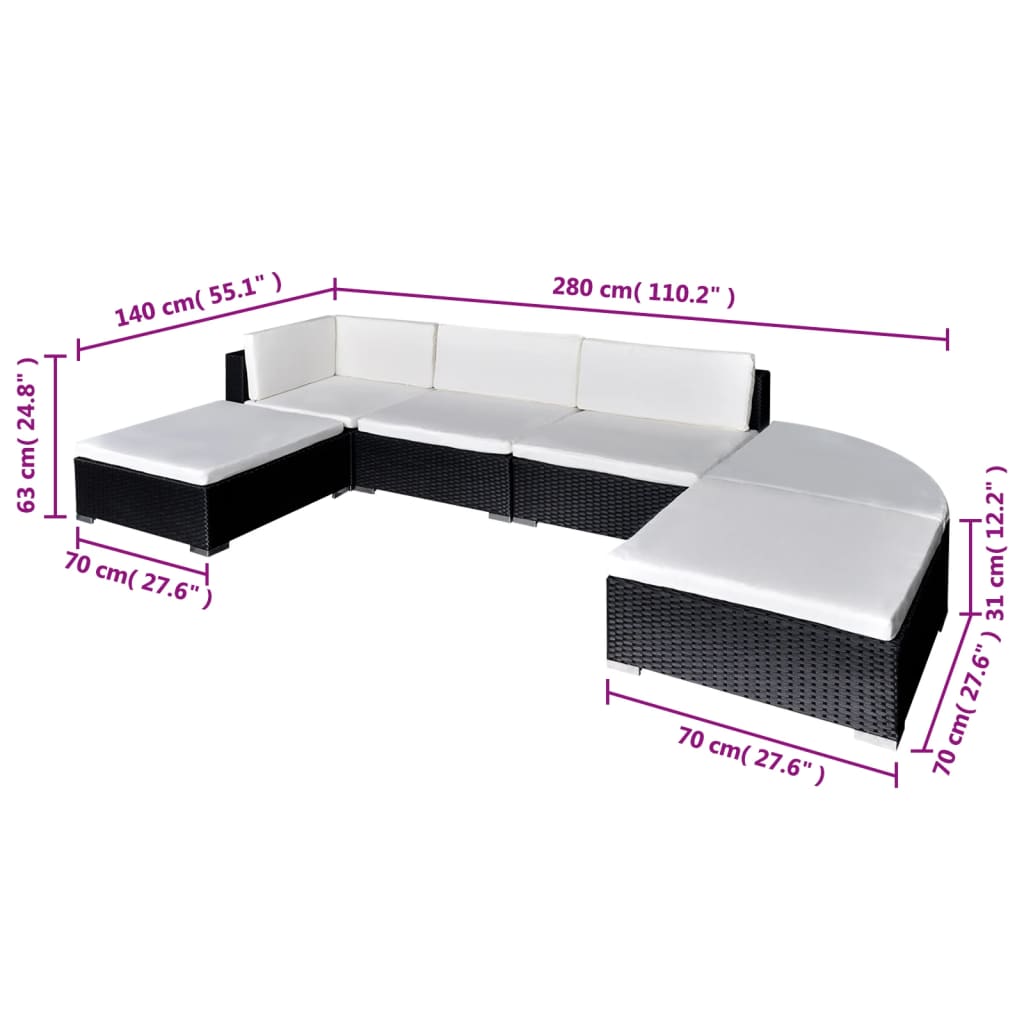 6 részes fekete polyrattan kerti ülőgarnitúra párnákkal