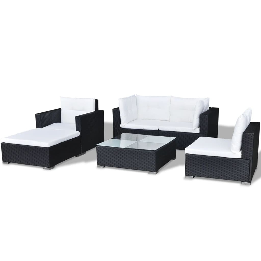 6-részes fekete polyrattan kerti bútorszett párnákkal