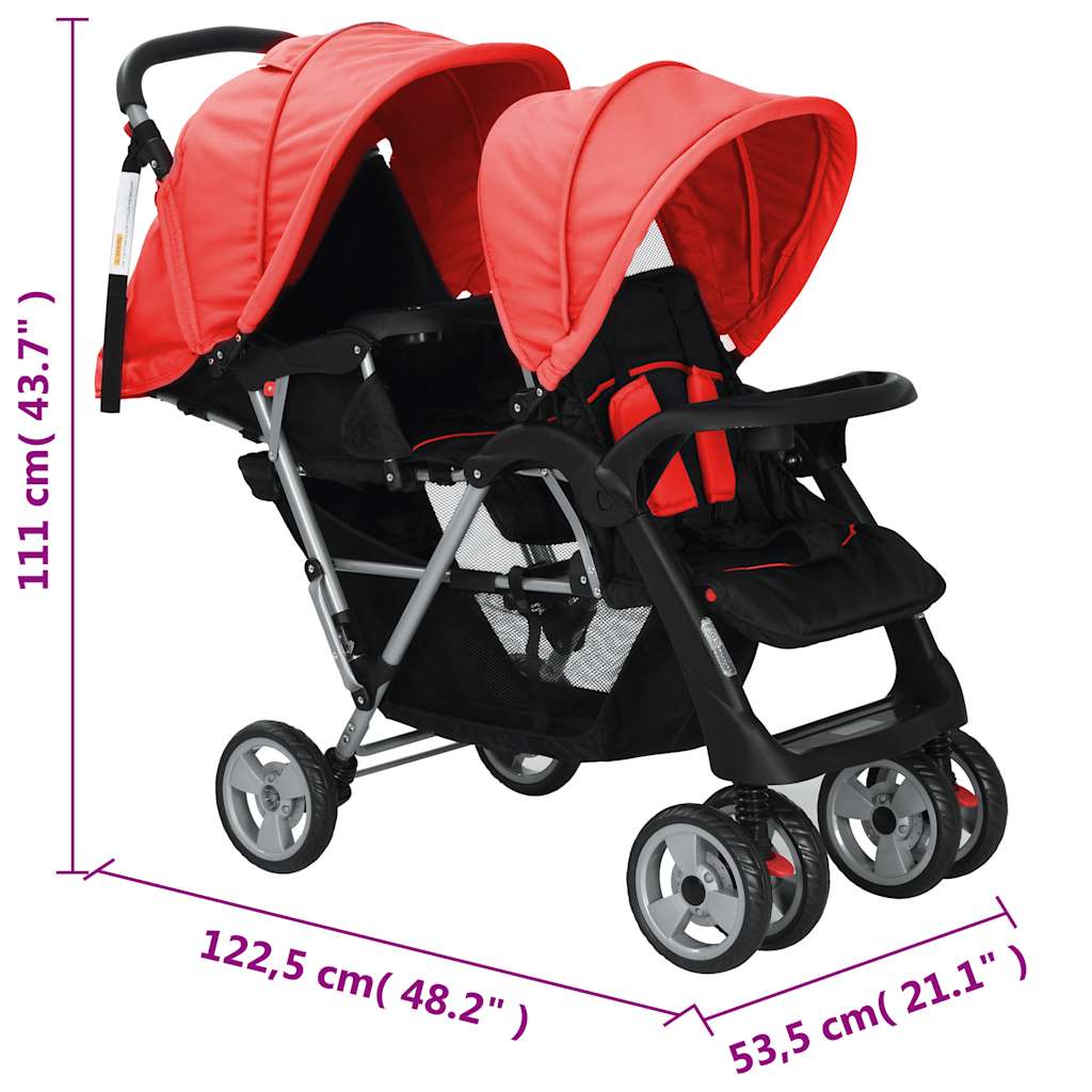 acél piros és fekete tandem babakocsi