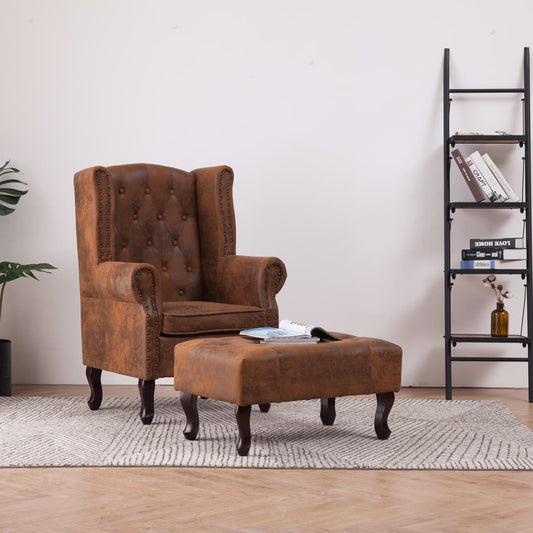 barna művelúr "Chesterfield" karosszék és lábtartó