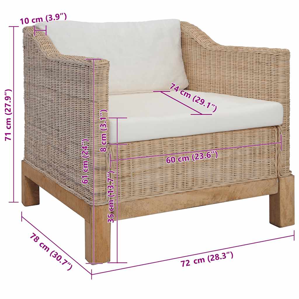 természetes rattanfotel párnákkal