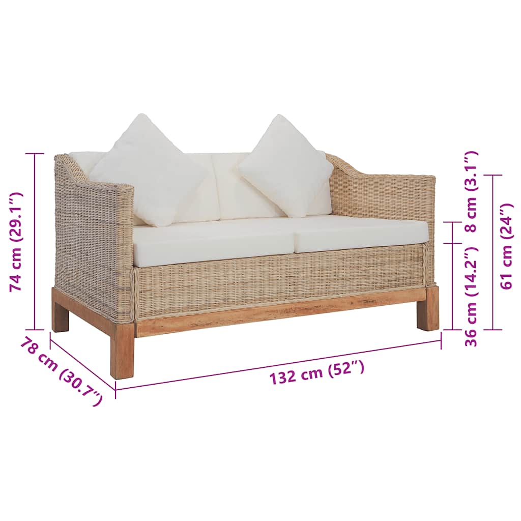 2 személyes természetes rattan kanapé párnával