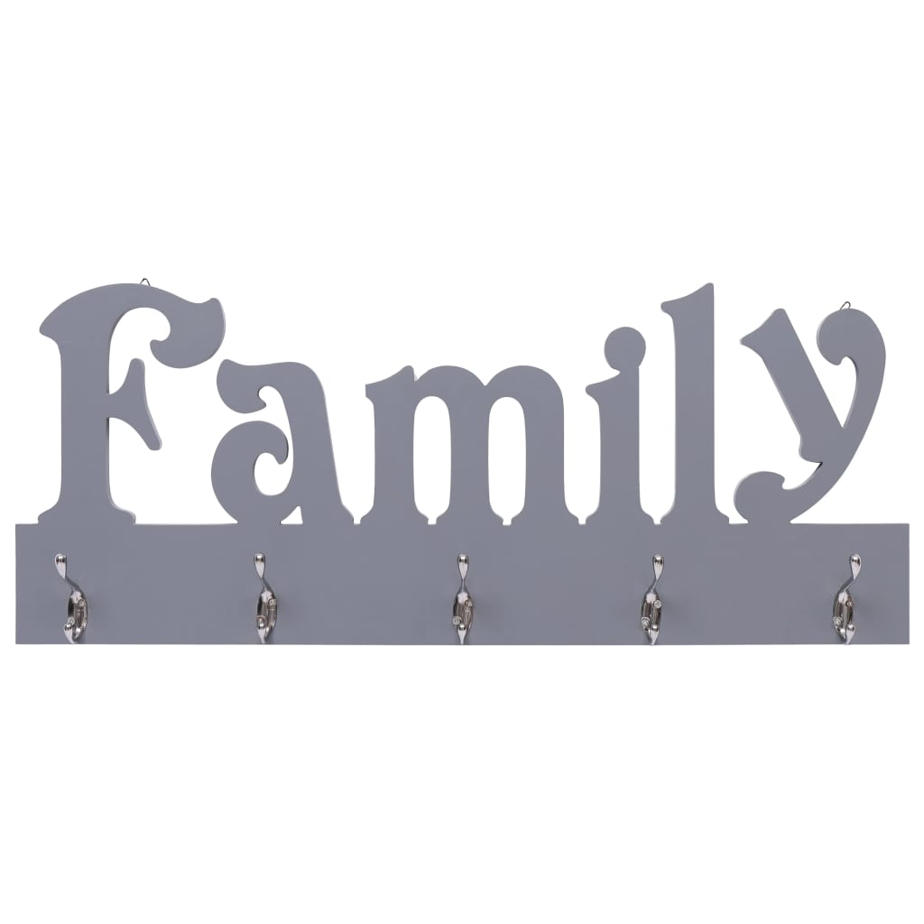 szürke "FAMILY" feliratú fali fogas 74 x 29,5 cm