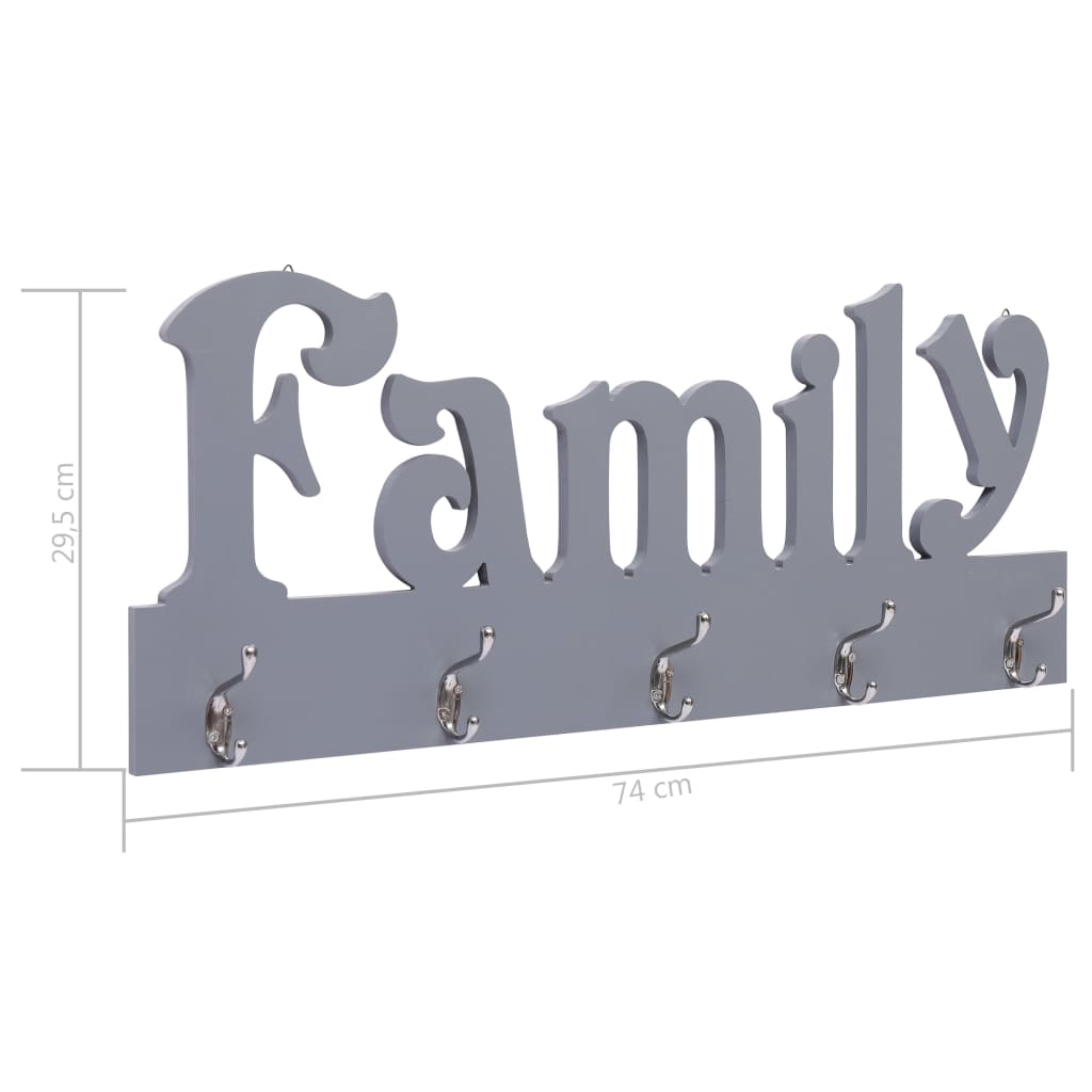 szürke "FAMILY" feliratú fali fogas 74 x 29,5 cm