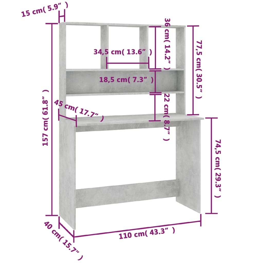 betonszürke forgácslap íróasztal polcokkal 110 x 45 x 157 cm
