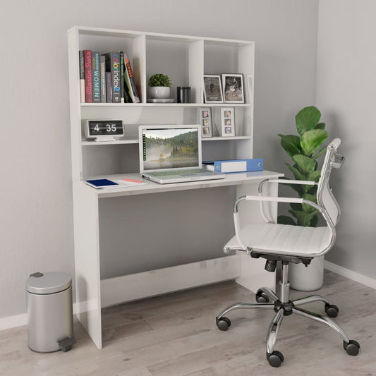 magasfényű fehér forgácslap íróasztal polcokkal 110x45x157 cm