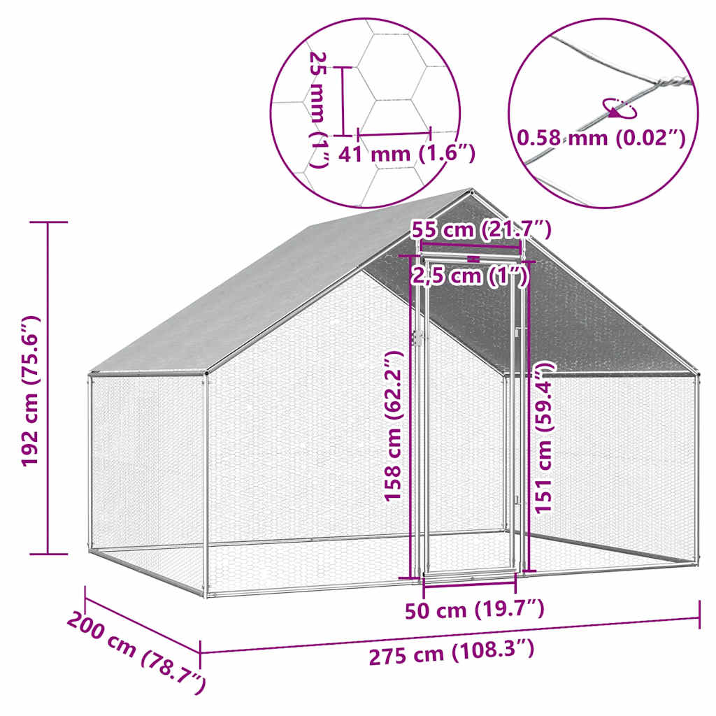 kültéri horganyzott acél tyúkól 2,75 x 2 x 1,92 m