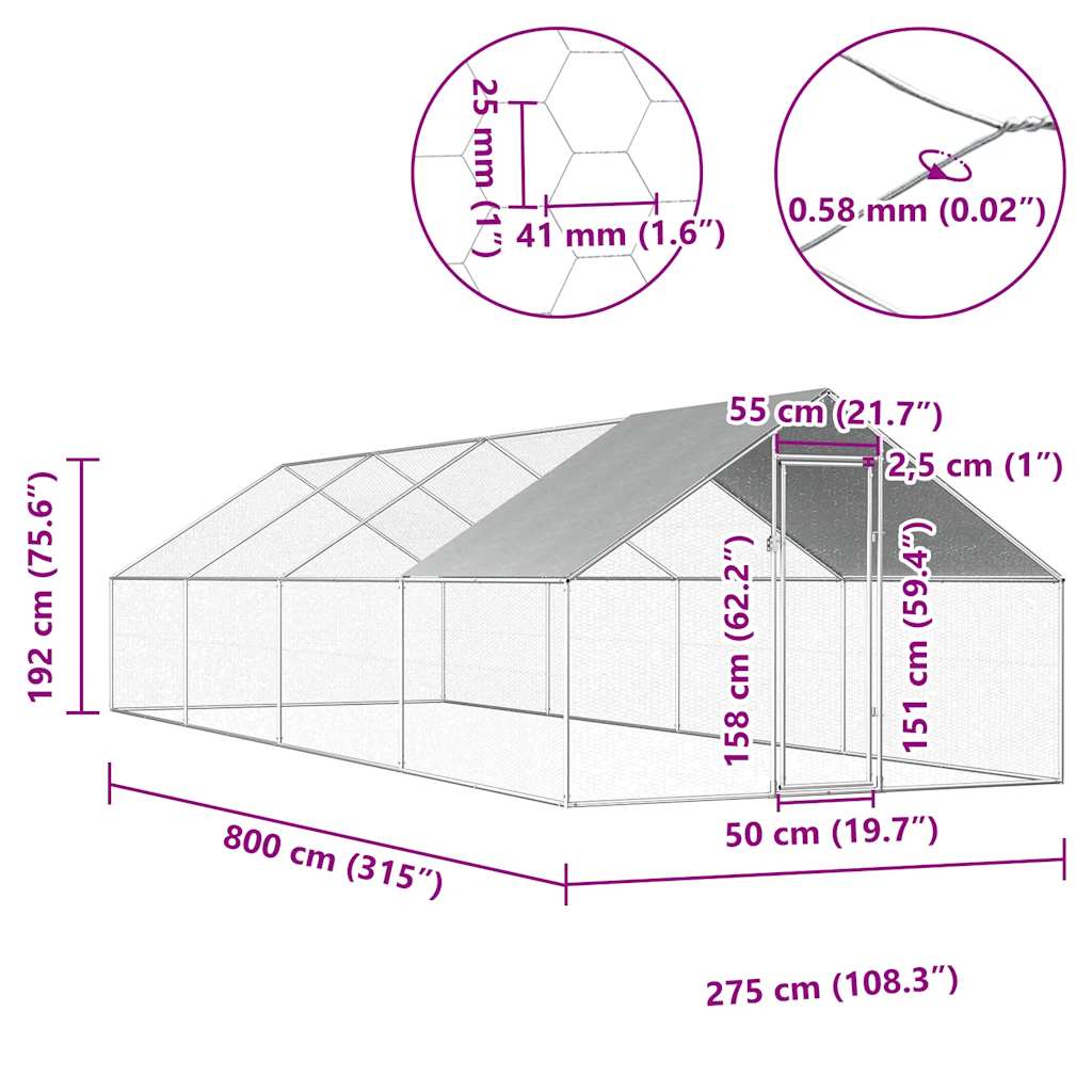 kültéri horganyzott acél tyúkól 2,75 x 8 x 1,92 m