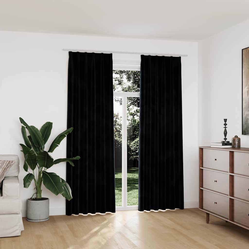 2 db fekete bársony sötétítőfüggöny kampókkal 140 x 225 cm