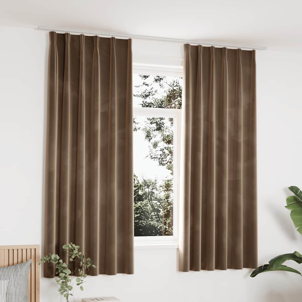 2 db bézs bársony sötétítőfüggöny kampókkal 140 x 175 cm