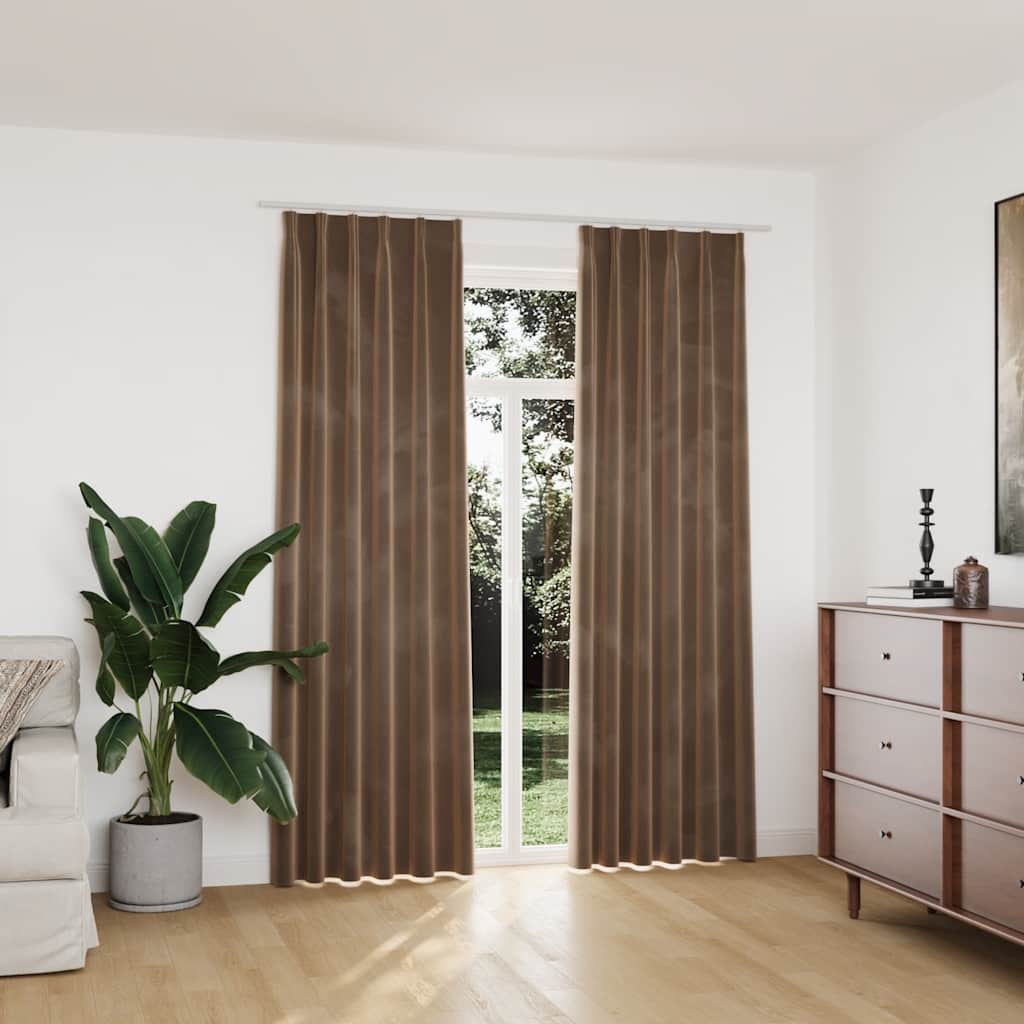 2 db bézs bársony sötétítőfüggöny kampókkal 140 x 225 cm