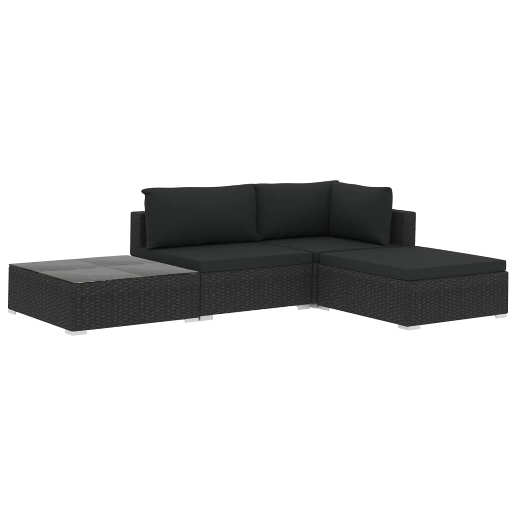 4-részes fekete polyrattan kerti bútorszett párnákkal