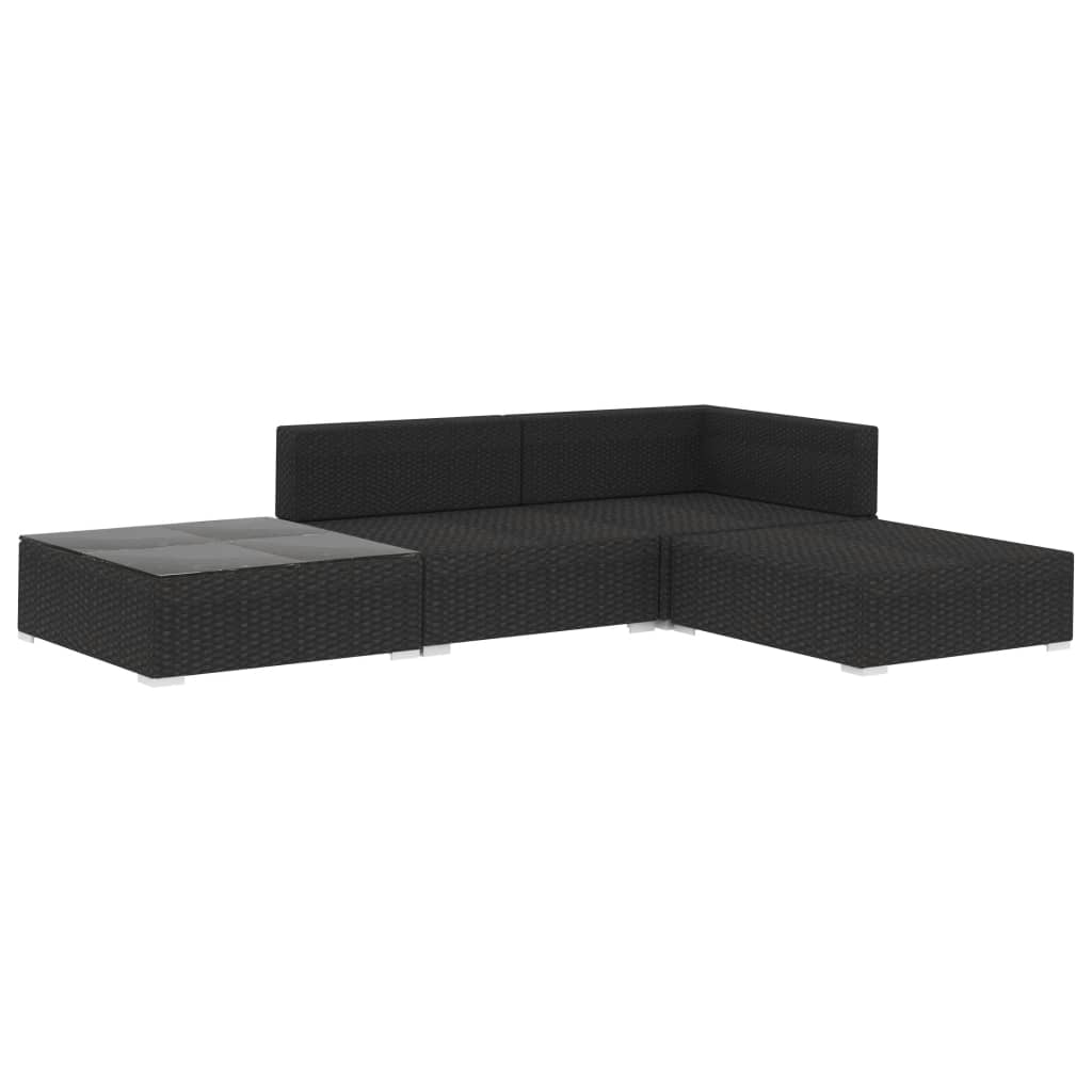 4-részes fekete polyrattan kerti bútorszett párnákkal
