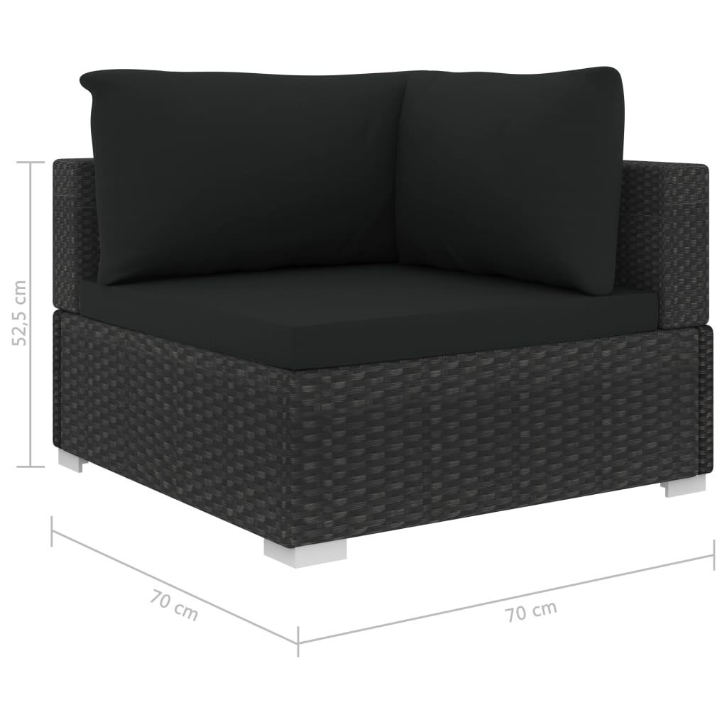 5-részes fekete polyrattan kerti bútorszett párnákkal