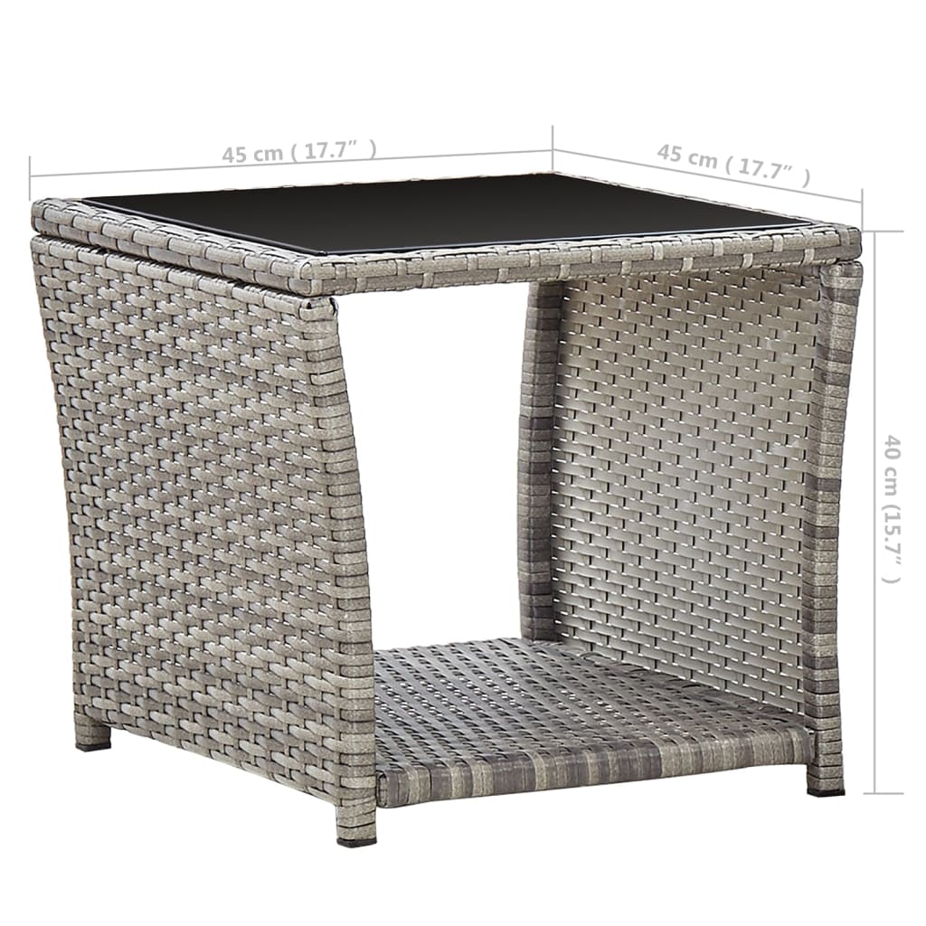 szürke polyrattan és üveg dohányzóasztal 45 x 45 x 40 cm