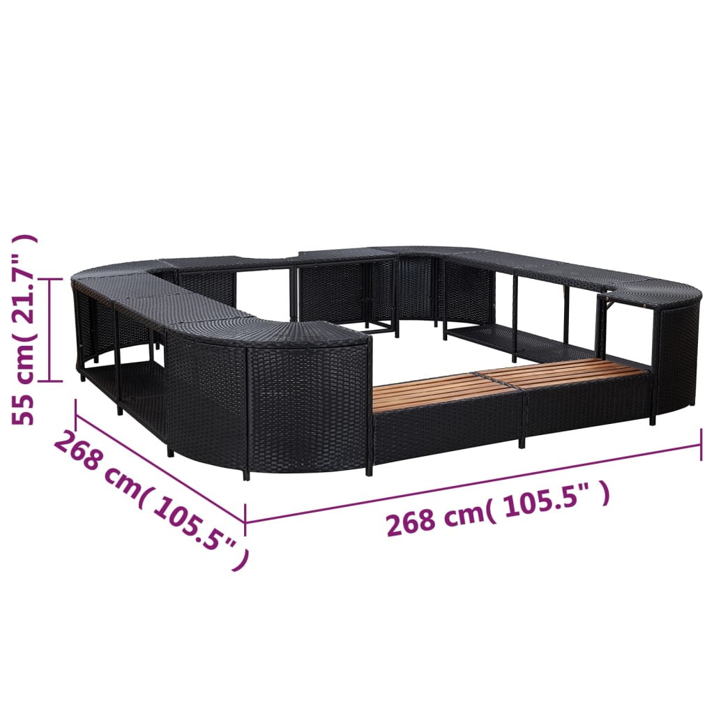 fekete négyszög alakú polyrattan pezsgőfürdőkeret 268x268x55 cm