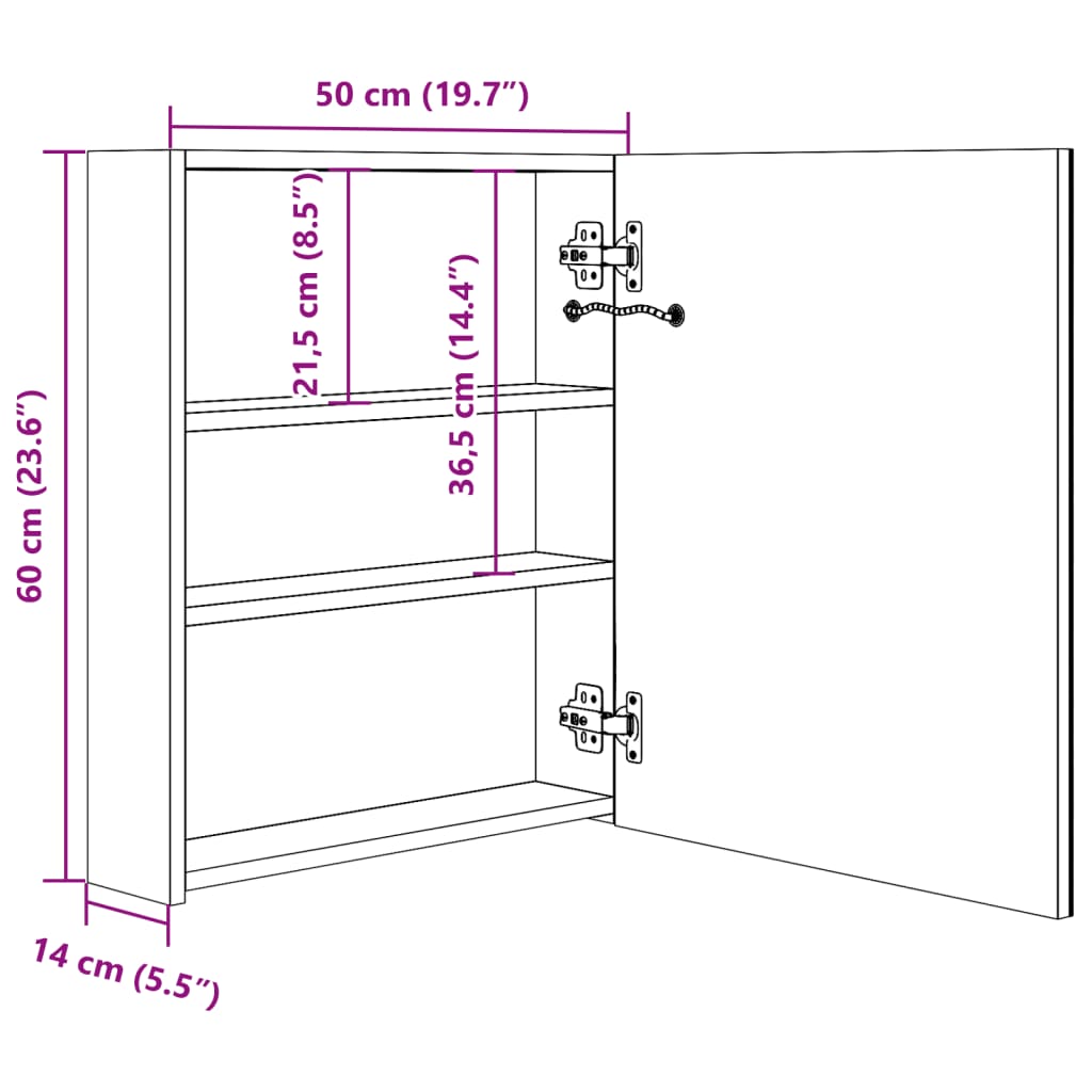 tükrös fürdőszobaszekrény LED világítással 50 x 13,5 x 60 cm
