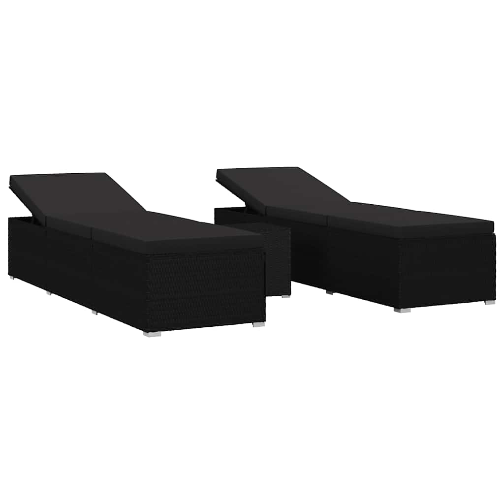 Kerti Napozóágyak párnával 3 pcs Fekete Poli rattan