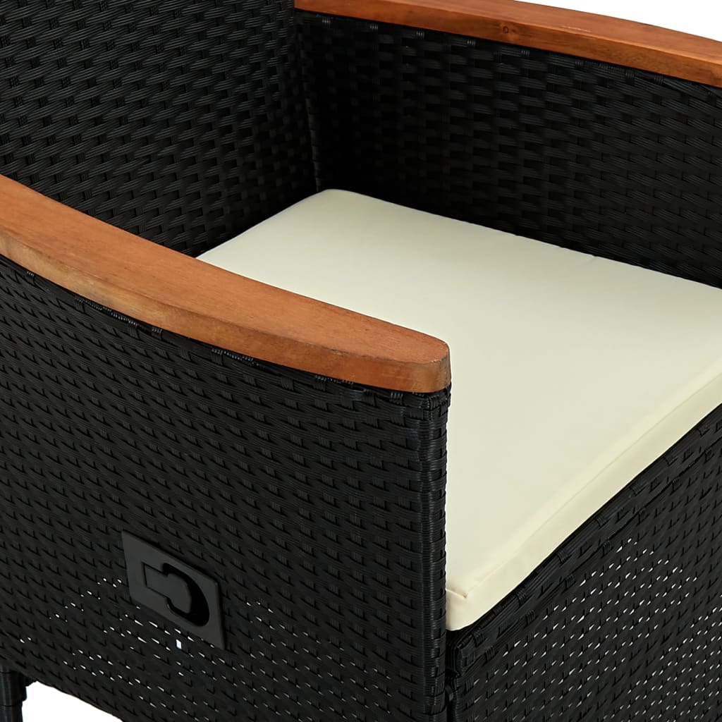 7 darabos fekete polyrattan és akácfa kültéri étkezőszett