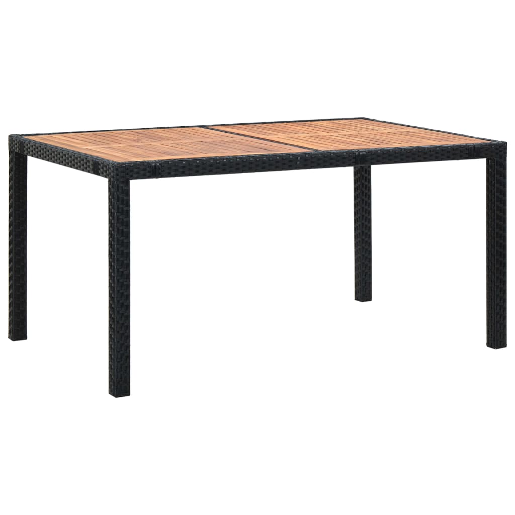 7 darabos fekete polyrattan és akácfa kültéri étkezőszett