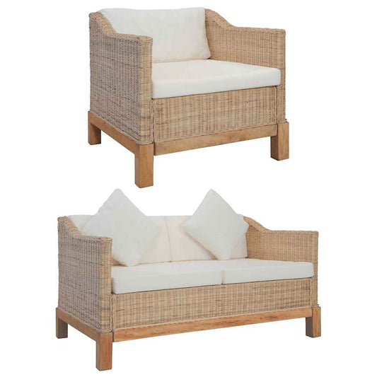 2 részes természetes rattan kanapészett párnákkal