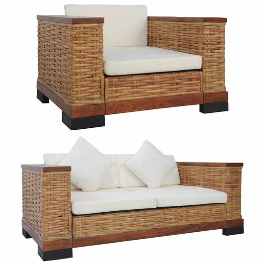 2 részes barna természetes rattan kanapészett párnákkal