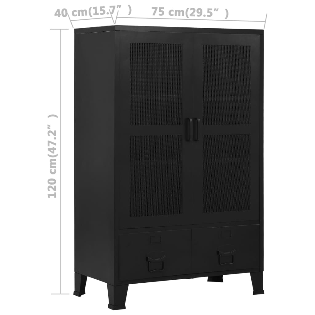 ipari fekete irodai szekrény hálós ajtókkal 75 x 40 x 120 cm