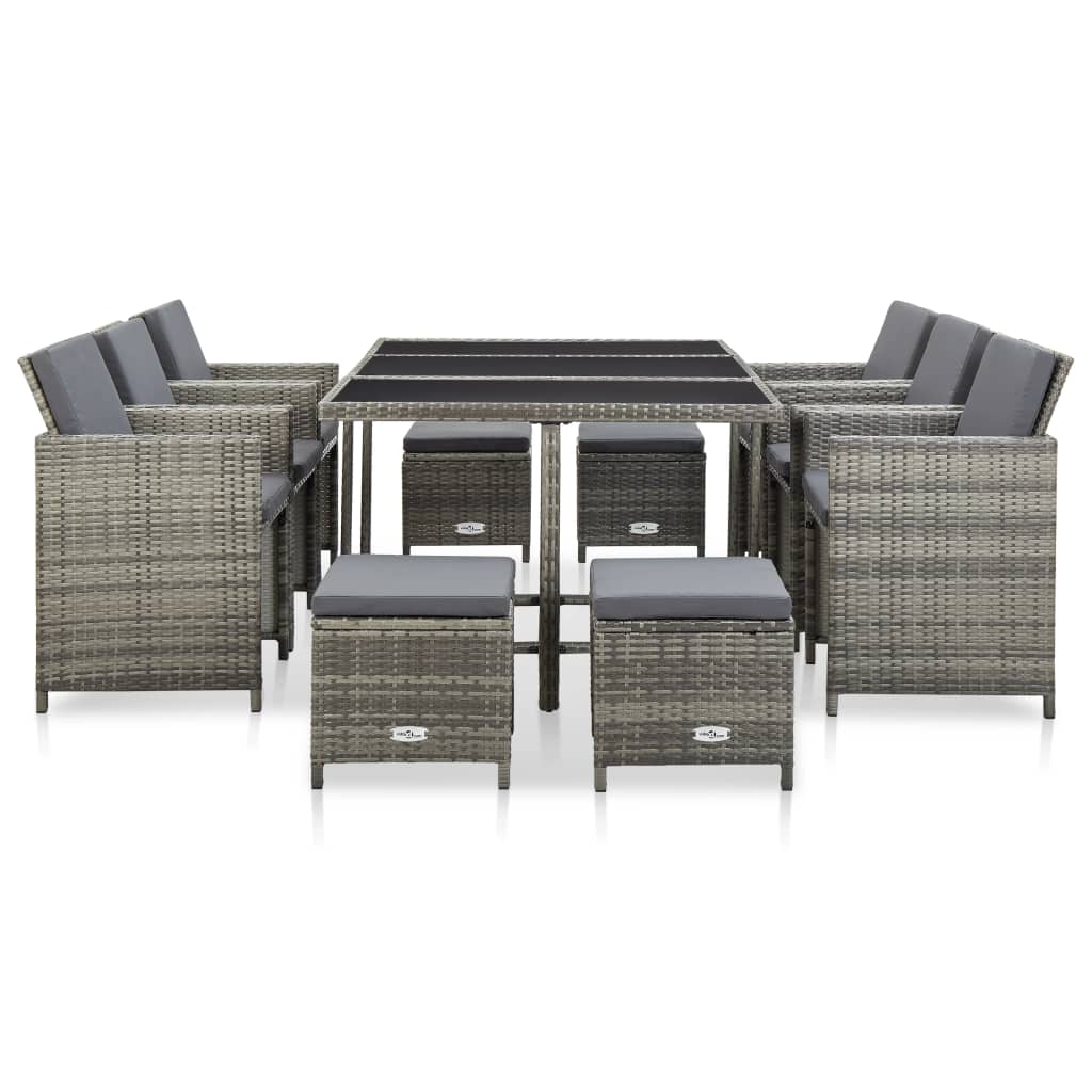 11 részes szürke polyrattan kültéri étkezőszett párnákkal