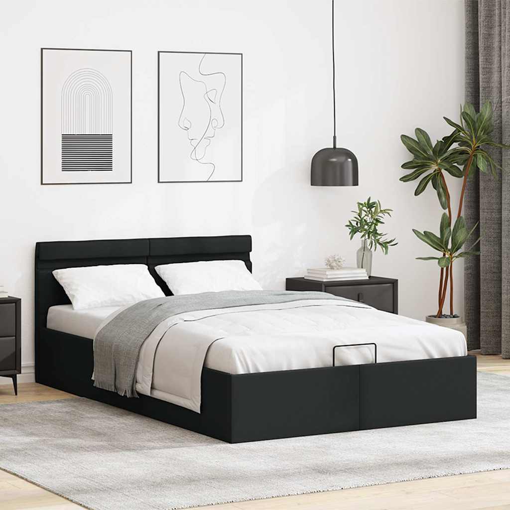 fekete műbőr LED-es hidraulikus ágykeret 140 x 200 cm