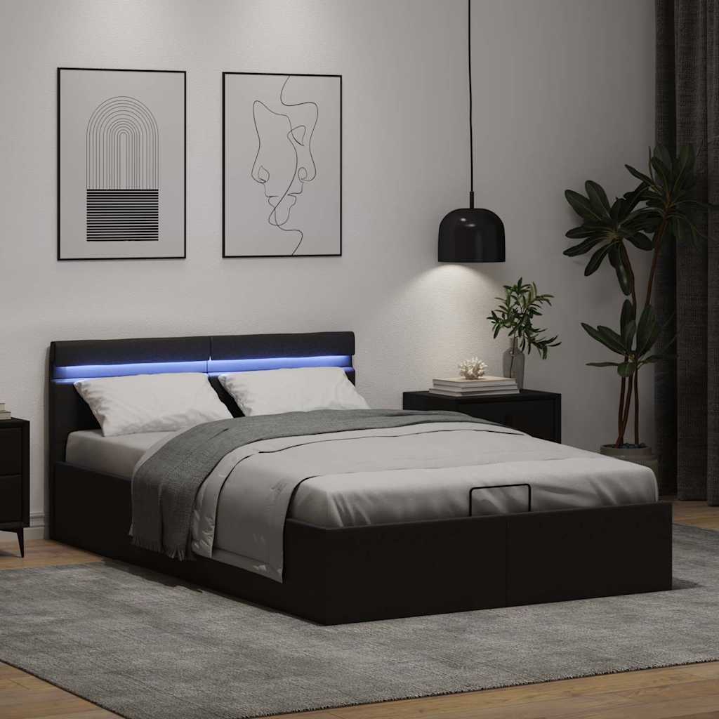 fekete műbőr LED-es hidraulikus ágykeret 140 x 200 cm