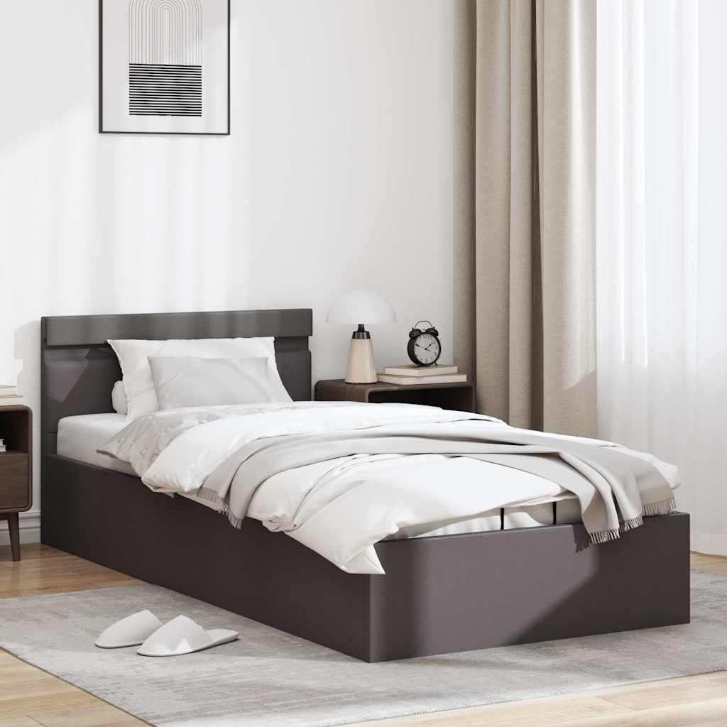 szürke műbőr LED-es hidraulikus ágykeret 90 x 200 cm