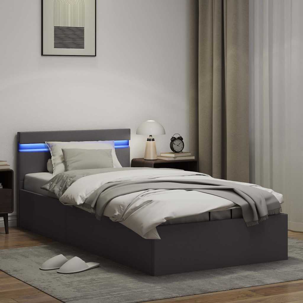 szürke műbőr LED-es hidraulikus ágykeret 90 x 200 cm