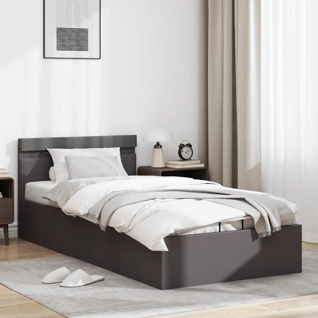 szürke műbőr LED-es hidraulikus ágykeret 100 x 200 cm