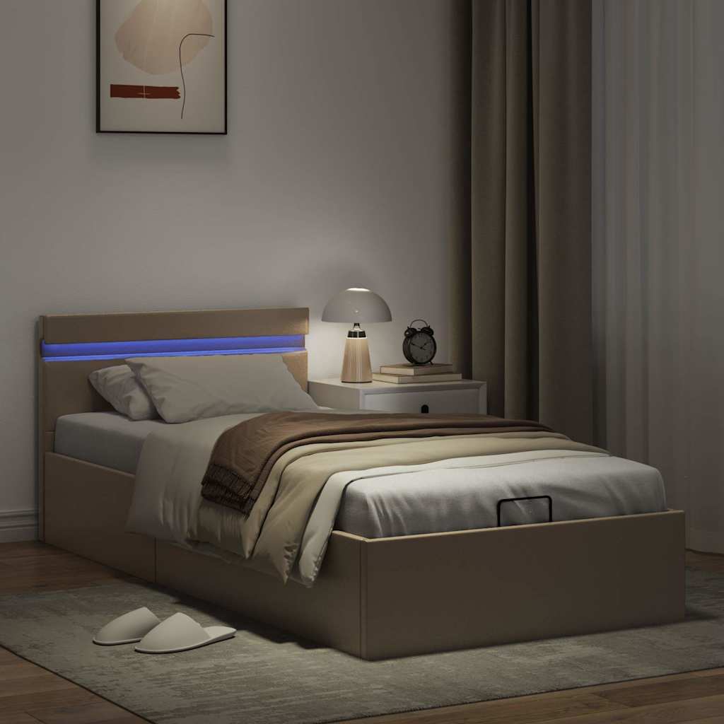 kávészínű műbőr LED-es hidraulikus ágykeret 90 x 200 cm